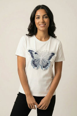 The Fringed Blue Butterfly Embroidered Tee (Single Color Option)
