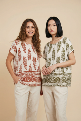 Vintage Floral Block-Print Blouse (4 Color Options)