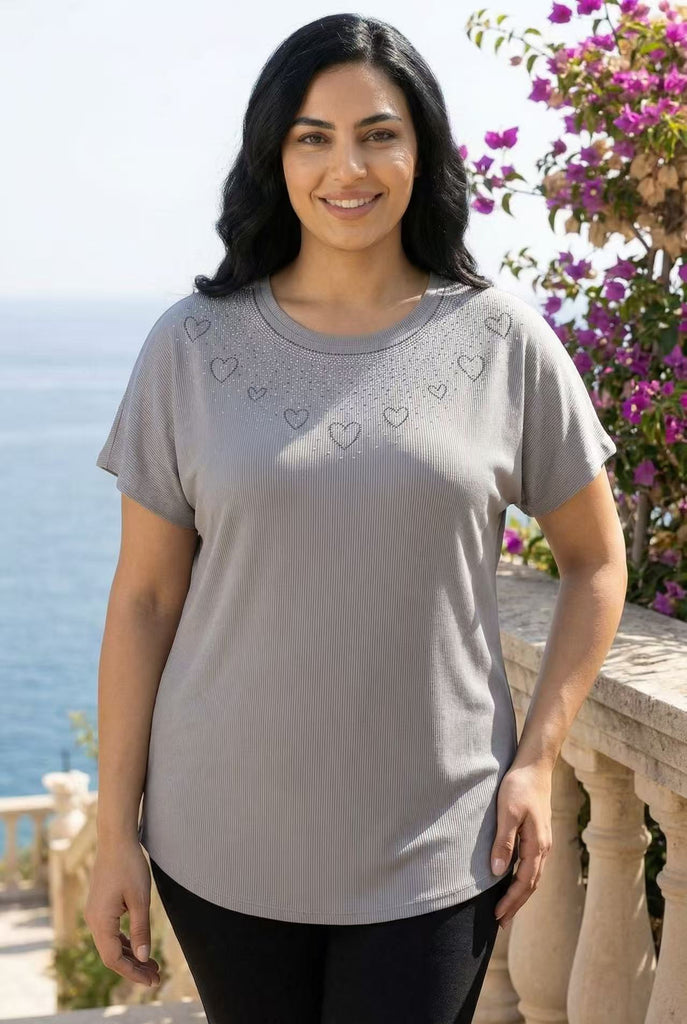 Rhinestone Embellished Ribbed Short-Sleeve Top