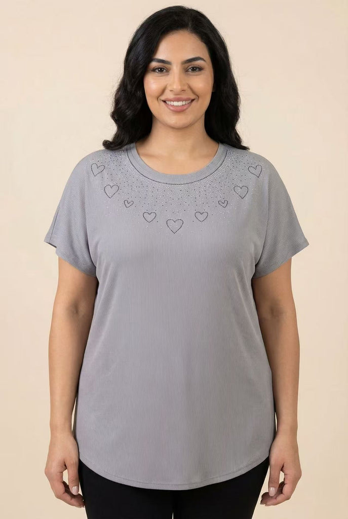 Rhinestone Embellished Ribbed Short-Sleeve Top