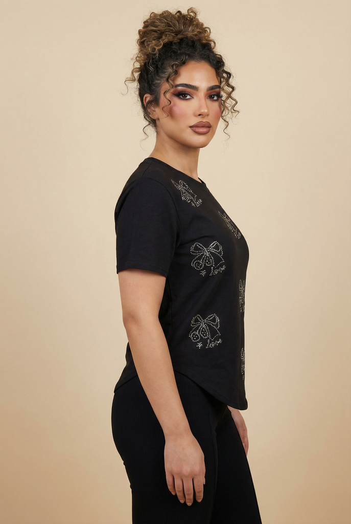 Diamond Bow & "Love" Embellished Curved-Hem Tee (6 Color Options)