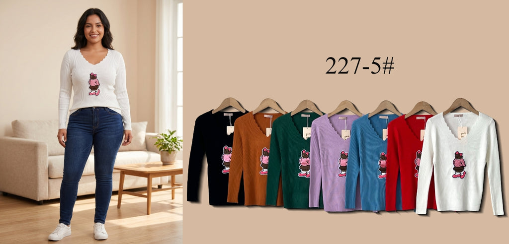 Scallop V-Neck Ribbed Knit Top (Multi-Color & Multi-Pattern Options)