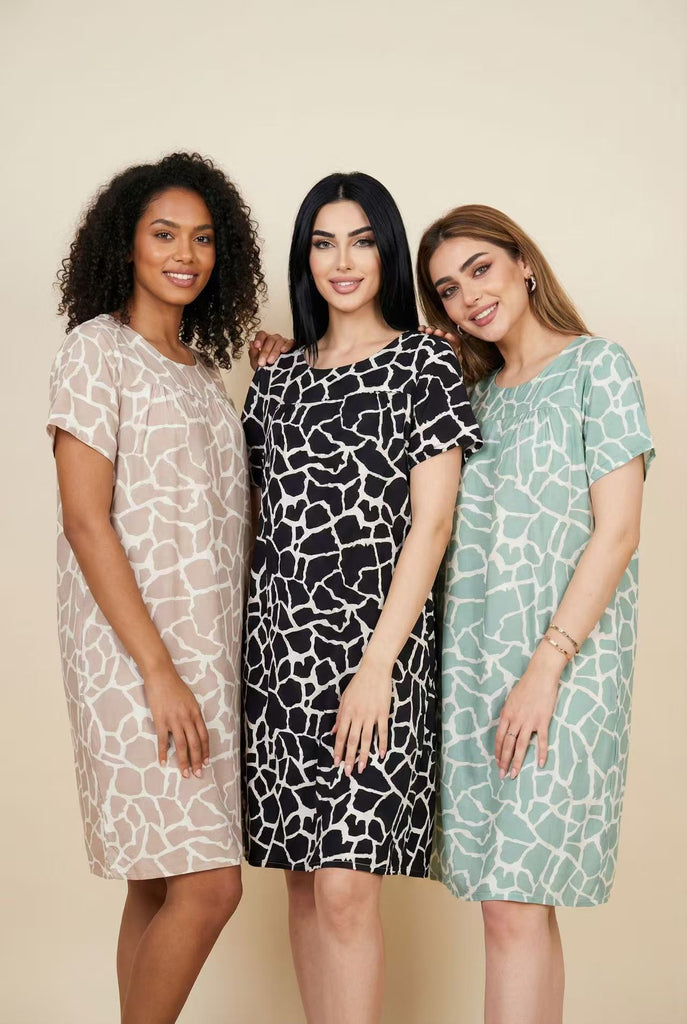 Short-Sleeve Abstract Print Shift Dress (Multiple Styles Available)