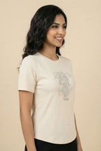 Load image into Gallery viewer, Curved Hem Rhinestone Graphic Ribbed Tee