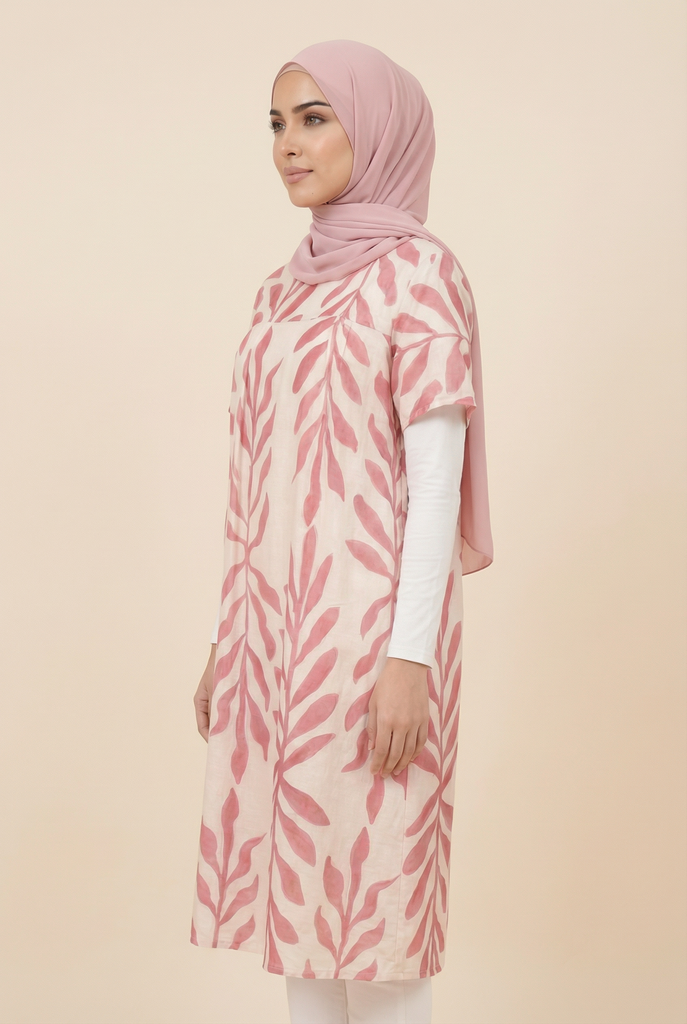 Modest Leaf-Print Tunic Dress (Multiple Color Options)