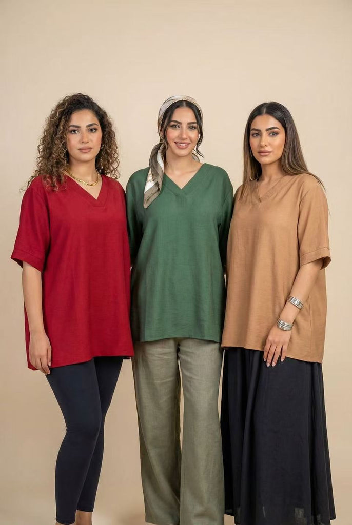 V-Neck Elbow-Sleeve Linen-Blend Top (Multiple Colors Available)