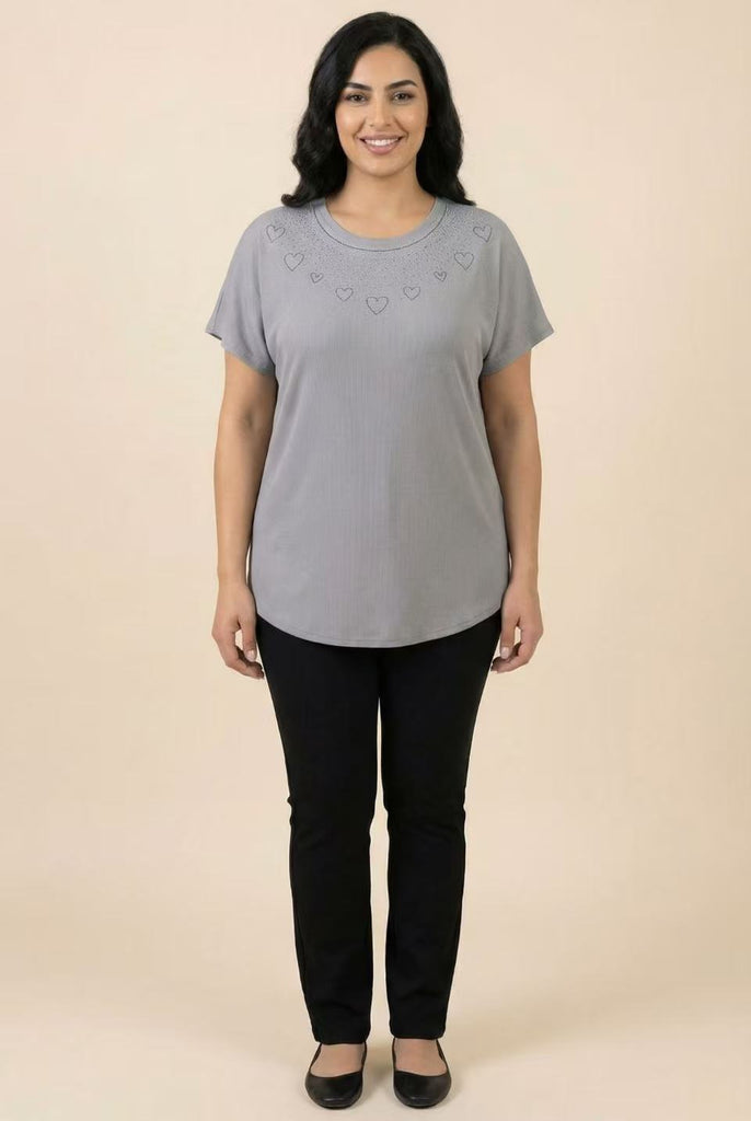 Rhinestone Embellished Ribbed Short-Sleeve Top