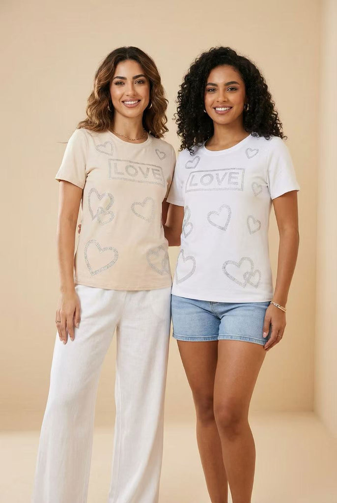 The Sparkling "LOVE" & Heart Multi-Pattern Studded Graphic Tee (Multi-Pattern Options)