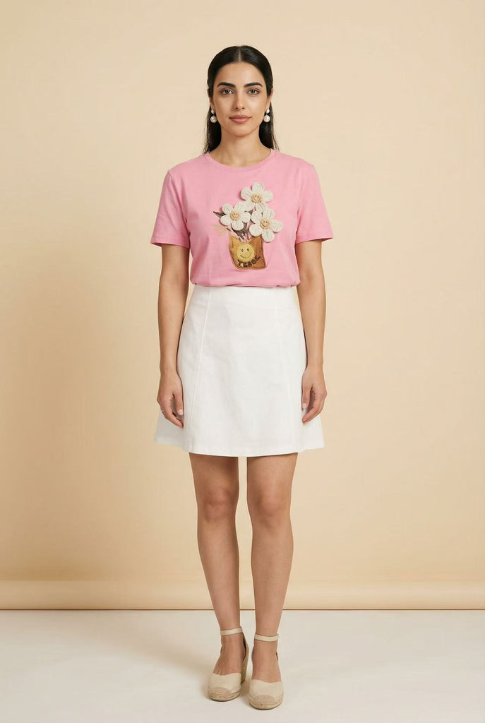 3D Flower-Appliqué Short-Sleeve Tee (Multiple Color Options)
