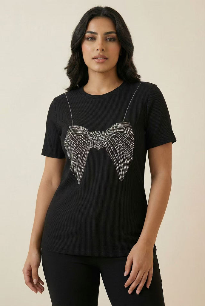 Ribbed Bow Rhinestone Short-Sleeve Tee (Multiple Color Options)