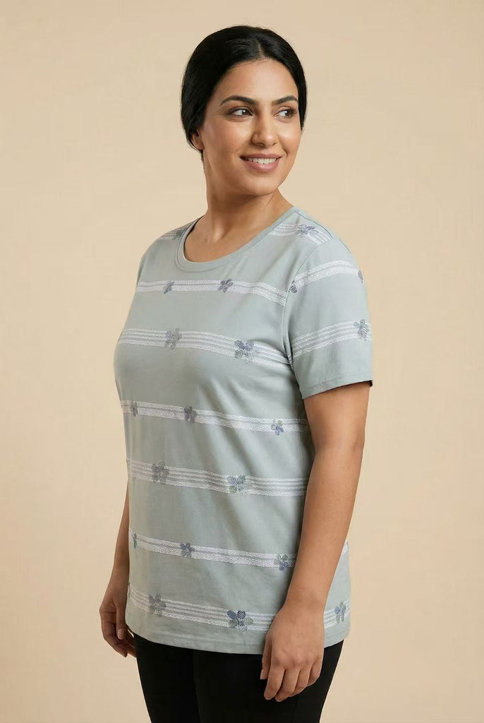 Striped Floral Embroidered Short-Sleeve Tee