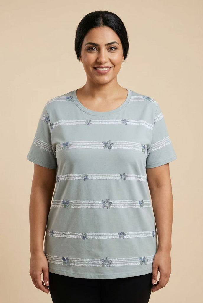 Striped Floral Embroidered Short-Sleeve Tee