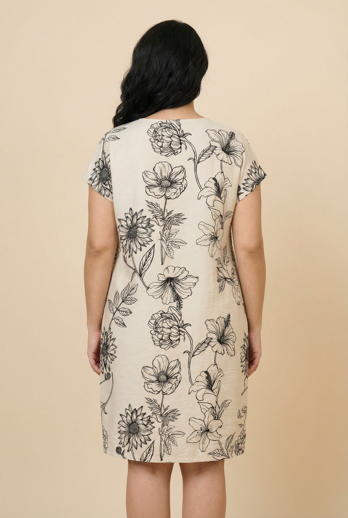 Line-Art Floral-Print Loose-Fit Midi Dress (3 Tone Options)