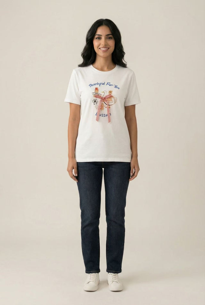 Whimsical Character Print & Bow-Appliqué Short-Sleeve Tee (Multiple Color Options)