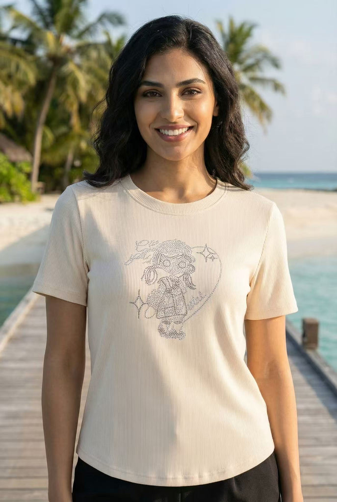Curved Hem Rhinestone Graphic Ribbed Tee