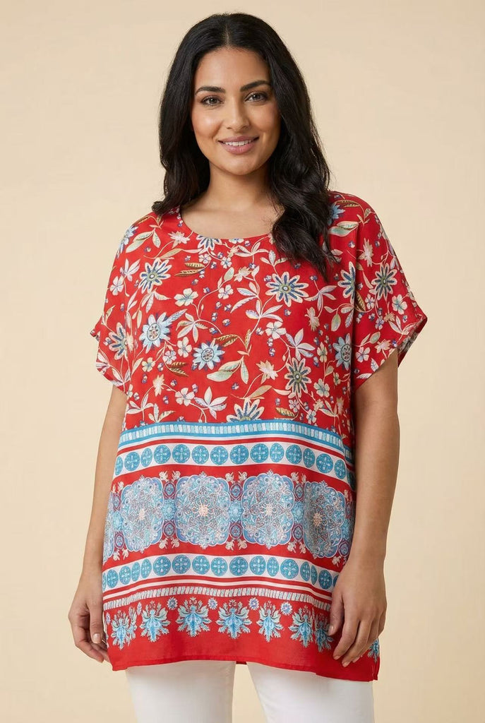 Dolman Sleeve Border Print Top