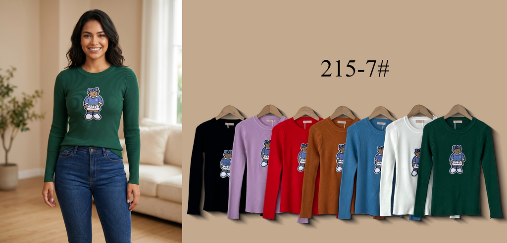 Crew Neck Ribbed Knit Top with Embroidered Motif (Multi-Color & Multi-Pattern Options)