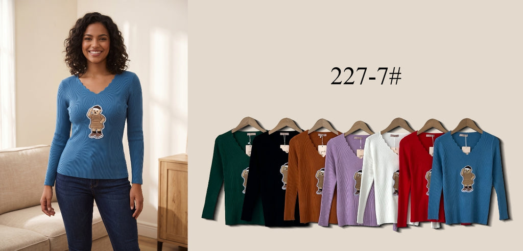 Scallop V-Neck Ribbed Knit Top (Multi-Color & Multi-Pattern Options)