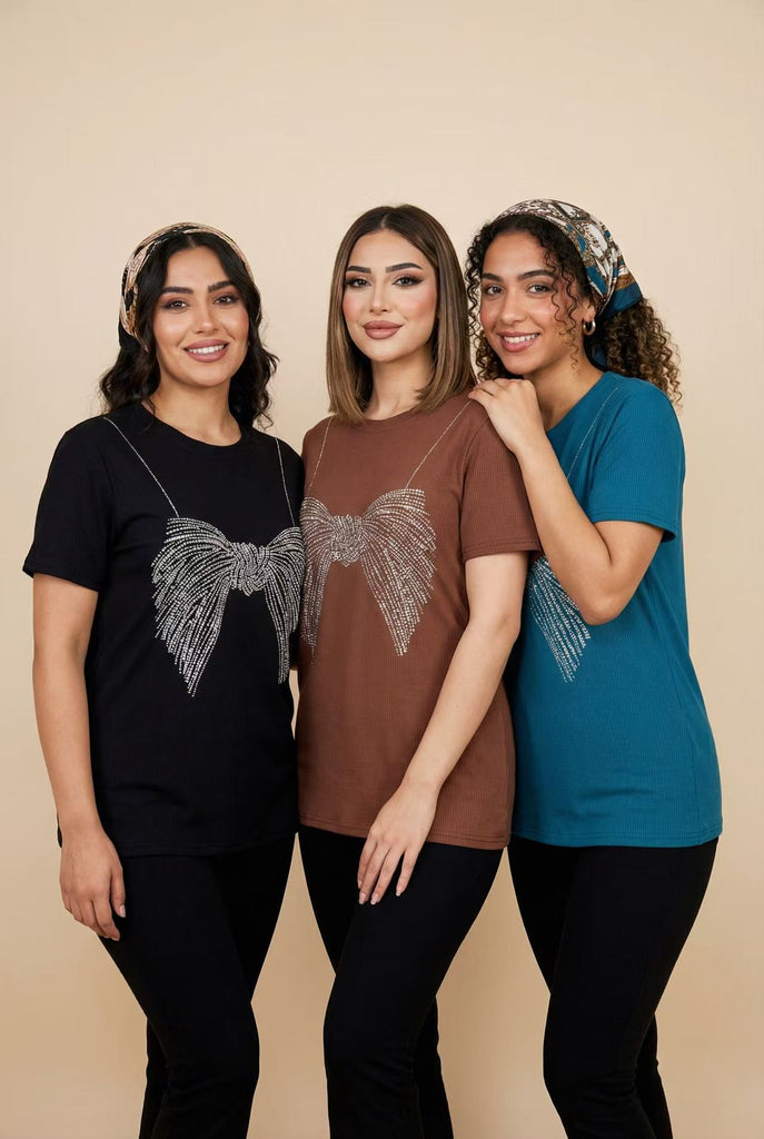 Ribbed Bow Rhinestone Short-Sleeve Tee (Multiple Color Options)