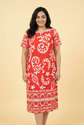 Red & White Paisley-Pattern Loose-Fit Midi Dress