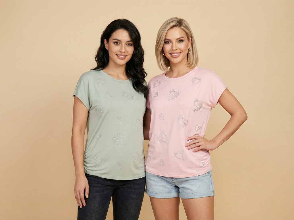 Diamond Swirl-Heart Embellished Relaxed Tee (4 Color Options)
