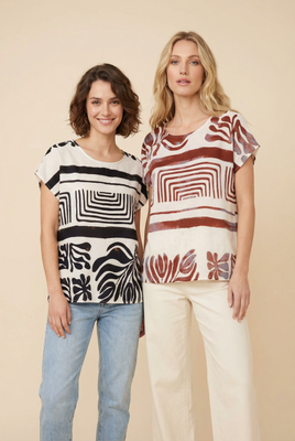 Abstract Print Linen-Blend Blouse (4 Color Options)