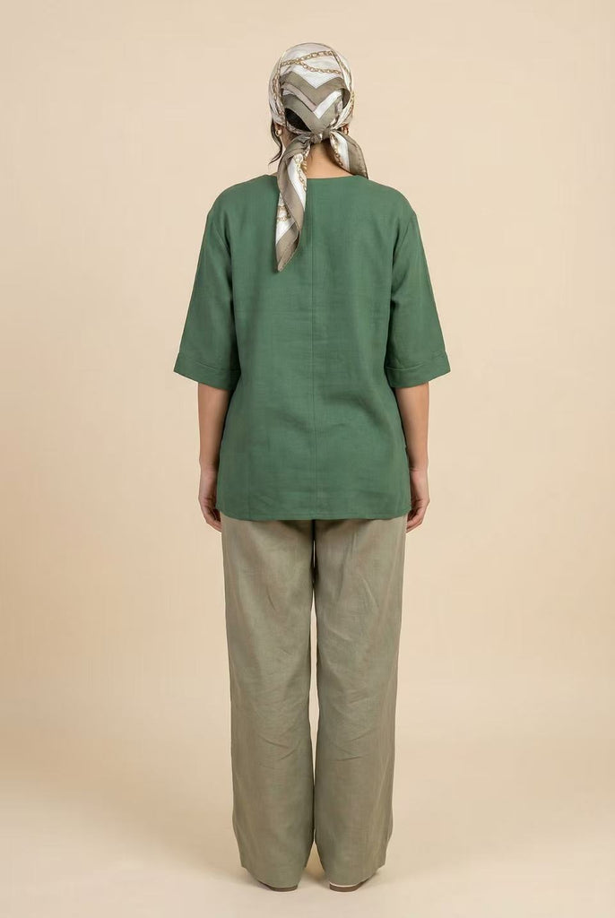 V-Neck Elbow-Sleeve Linen-Blend Top (Multiple Colors Available)
