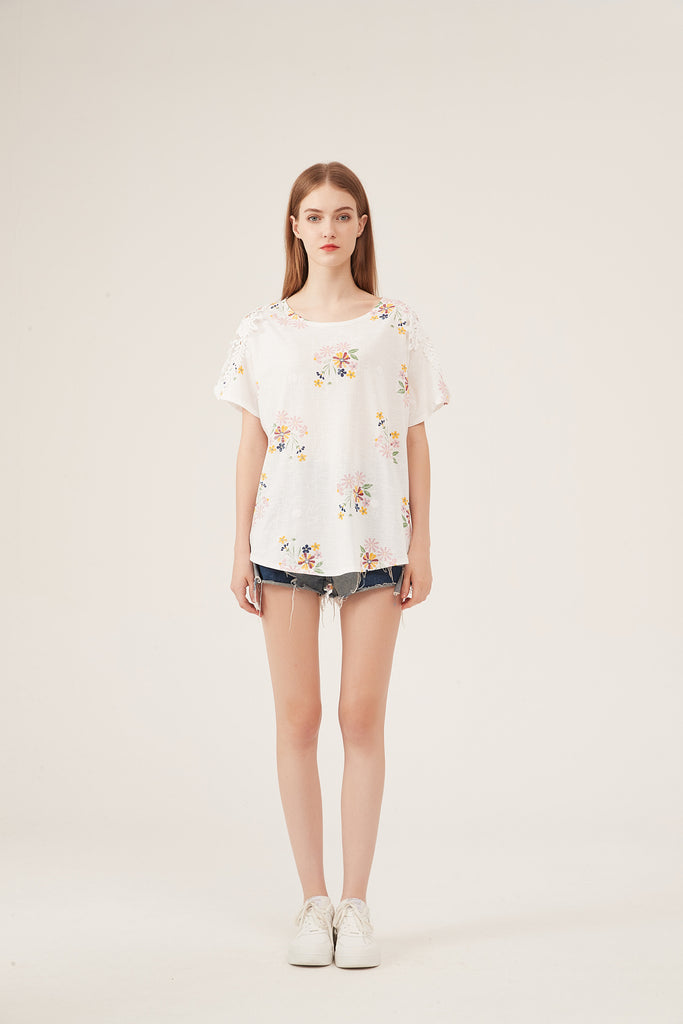 Boho Floral Embroidery Lace-Shoulder Loose White Blouse