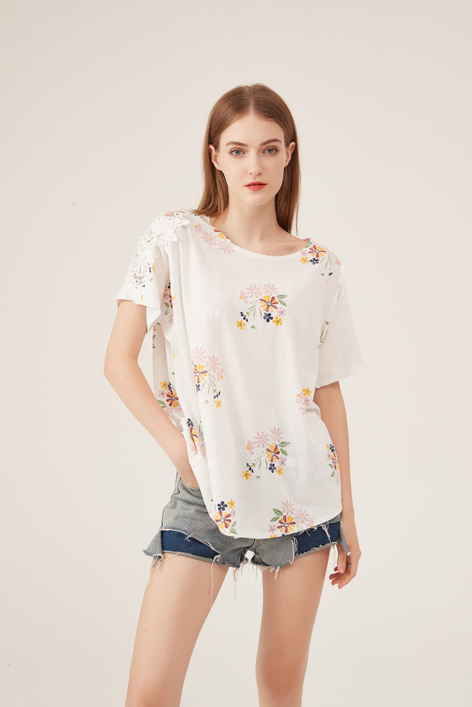 Boho Floral Embroidery Lace-Shoulder Loose White Blouse