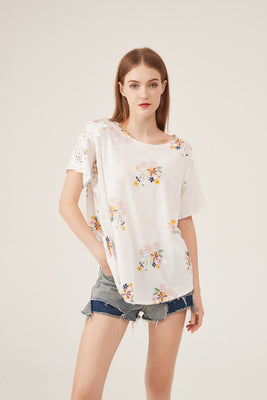 Boho Floral Embroidery Lace-Shoulder Loose White Blouse
