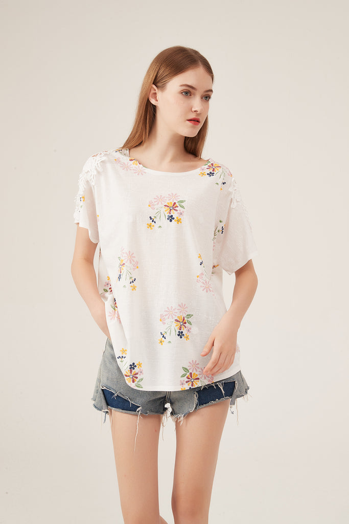 Boho Floral Embroidery Lace-Shoulder Loose White Blouse