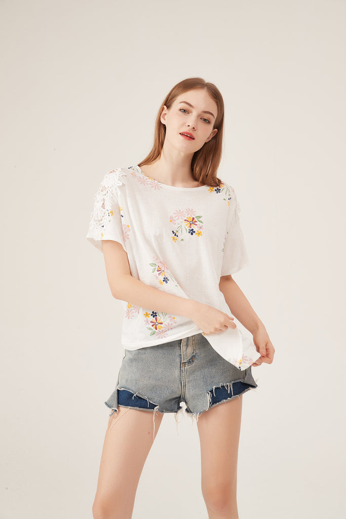 Boho Floral Embroidery Lace-Shoulder Loose White Blouse