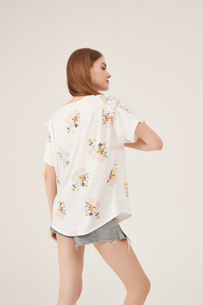 Boho Floral Embroidery Lace-Shoulder Loose White Blouse