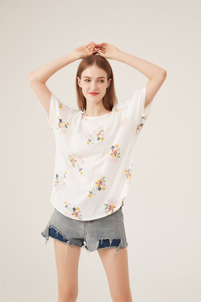 Boho Floral Embroidery Lace-Shoulder Loose White Blouse