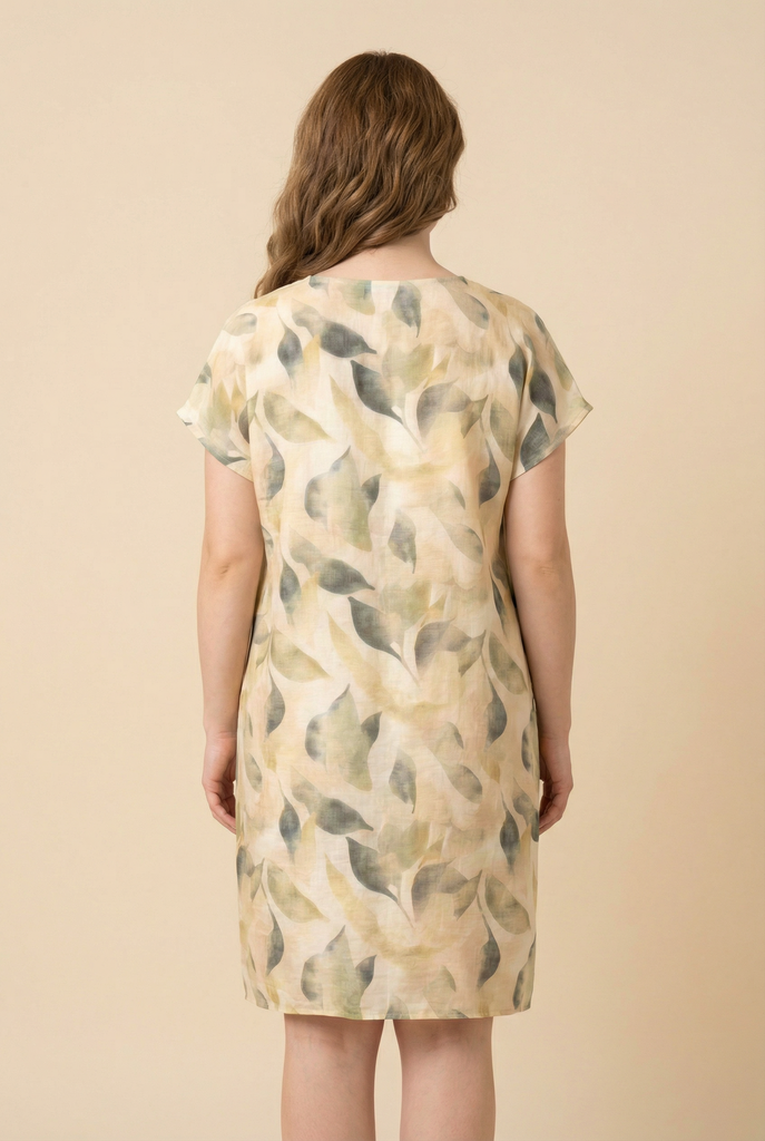 Watercolor Leaf-Print Loose-Fit Midi Dress (2 Color Variants)