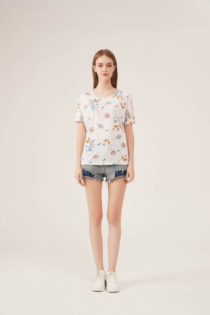 Soft Watercolor Floral Batwing-Sleeve Loose White Blouse