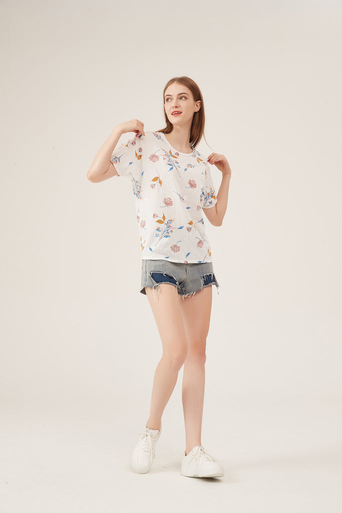 Soft Watercolor Floral Batwing-Sleeve Loose White Blouse