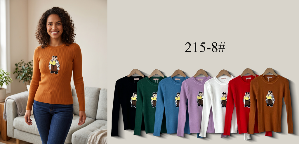 Crew Neck Ribbed Knit Top with Embroidered Motif (Multi-Color & Multi-Pattern Options)