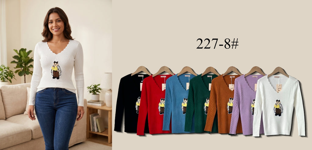 Scallop V-Neck Ribbed Knit Top (Multi-Color & Multi-Pattern Options)