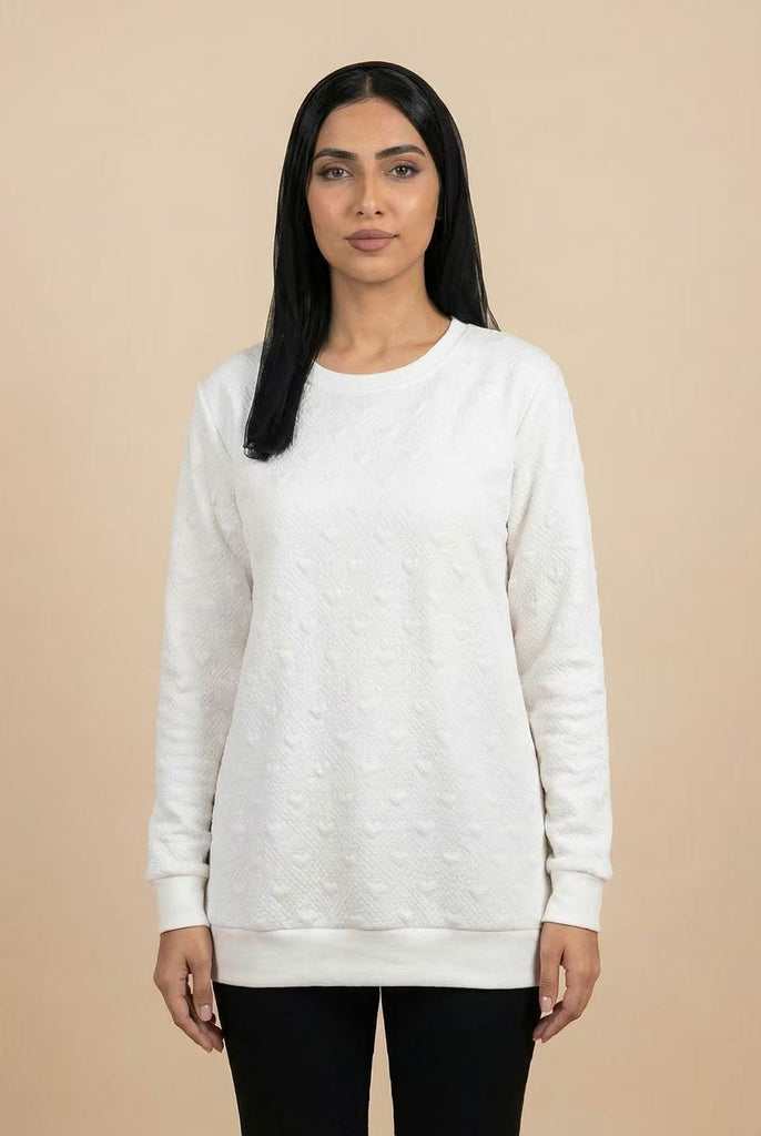 Heart-Embossed Textured Crew Neck Sweatshirt