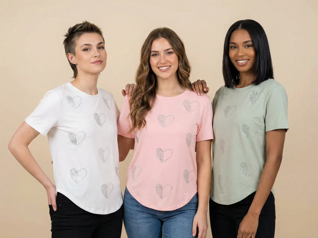 Diamond Half-Heart Embellished Curved-Hem Tee (6 Color Options)
