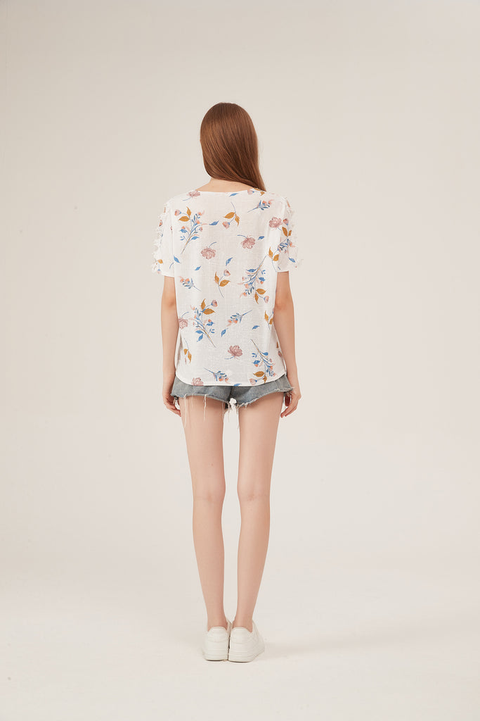 Soft Watercolor Floral Batwing-Sleeve Loose White Blouse