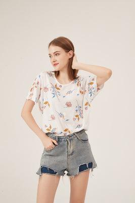 Soft Watercolor Floral Batwing-Sleeve Loose White Blouse