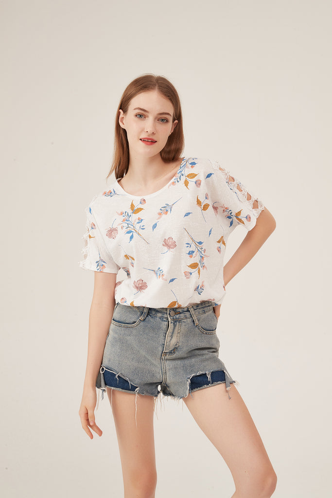 Soft Watercolor Floral Batwing-Sleeve Loose White Blouse