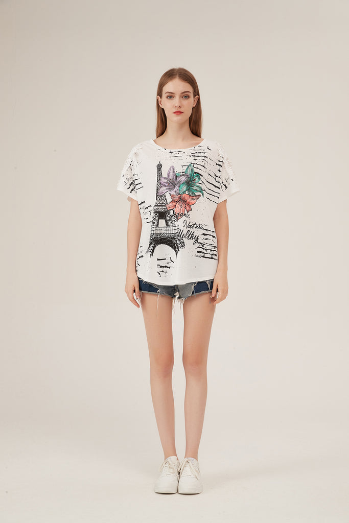 Parisian Tower Floral Print Lace-Shoulder Loose White T-Shirt