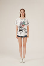 Load image into Gallery viewer, Parisian Tower Floral Print Lace-Shoulder Loose White T-Shirt
