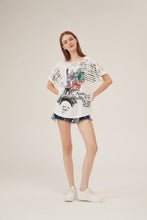 Load image into Gallery viewer, Parisian Tower Floral Print Lace-Shoulder Loose White T-Shirt