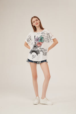 Parisian Tower Floral Print Lace-Shoulder Loose White T-Shirt
