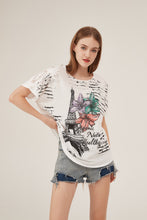 Load image into Gallery viewer, Parisian Tower Floral Print Lace-Shoulder Loose White T-Shirt