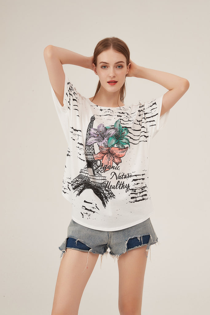 Parisian Tower Floral Print Lace-Shoulder Loose White T-Shirt